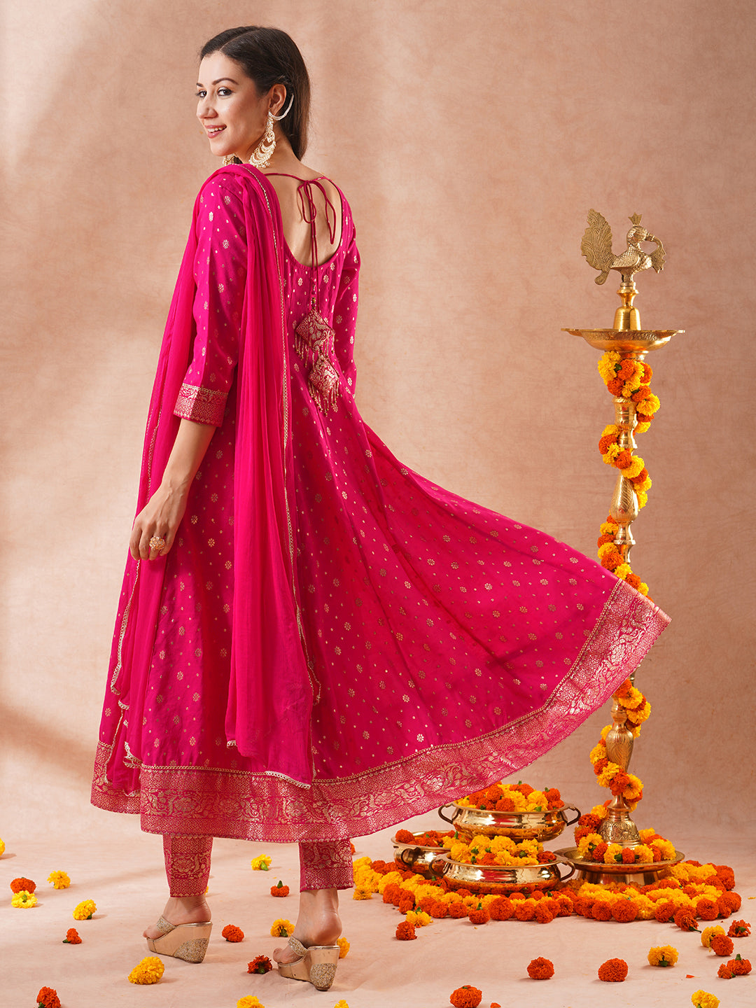 Ethnic Zari Woven & Embroidered Anarkali Flared Kurta with Pant & Solid Dupatta - Pink