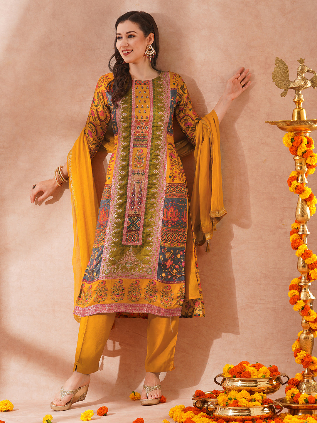 Ethnic Printed & Hand Embroidered Straight Fit Kurta with Pant & Dupatta - Mustard