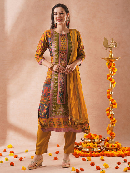 Ethnic Printed & Hand Embroidered Straight Fit Kurta with Pant & Dupatta - Mustard