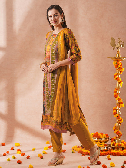 Ethnic Printed & Hand Embroidered Straight Fit Kurta with Pant & Dupatta - Mustard