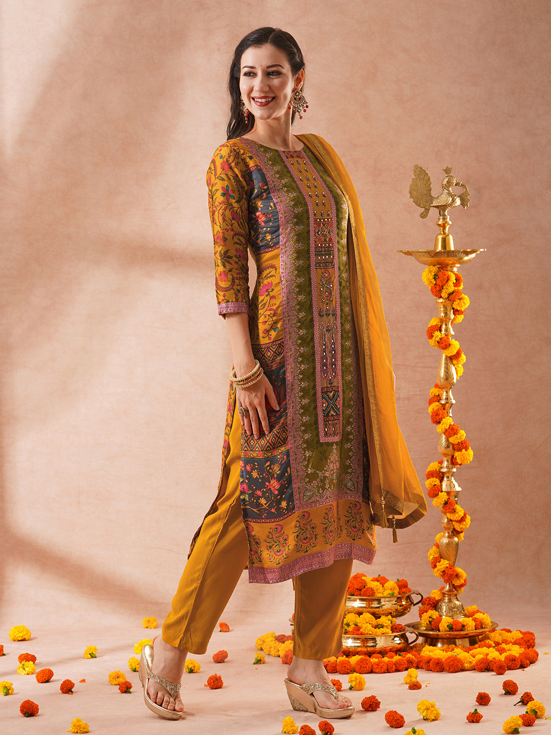 Ethnic Printed & Hand Embroidered Straight Fit Kurta with Pant & Dupatta - Mustard