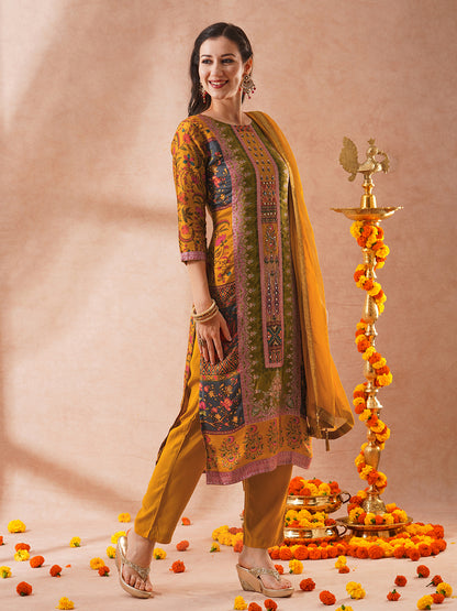 Ethnic Printed & Hand Embroidered Straight Fit Kurta with Pant & Dupatta - Mustard