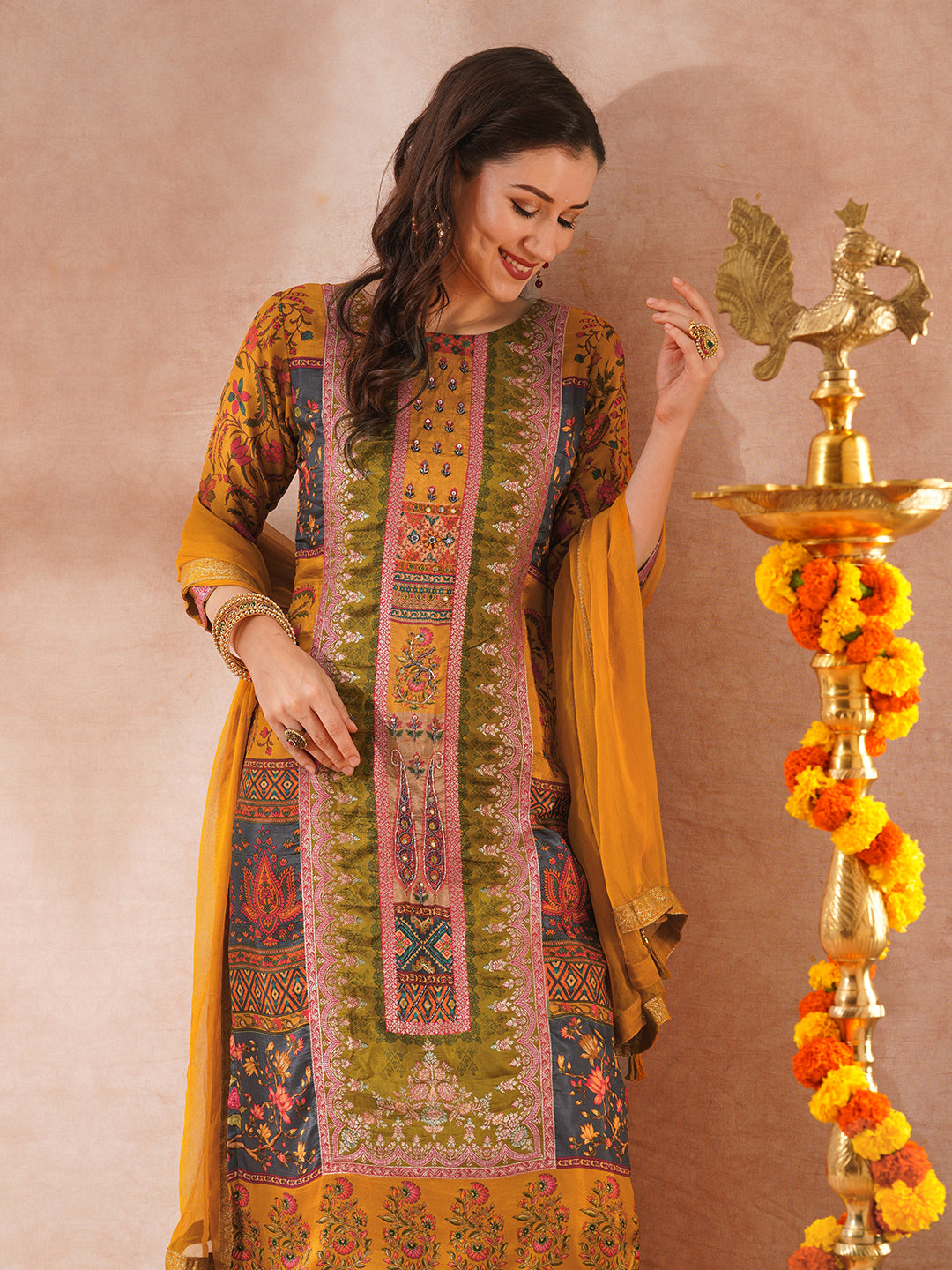 Ethnic Printed & Hand Embroidered Straight Fit Kurta with Pant & Dupatta - Mustard