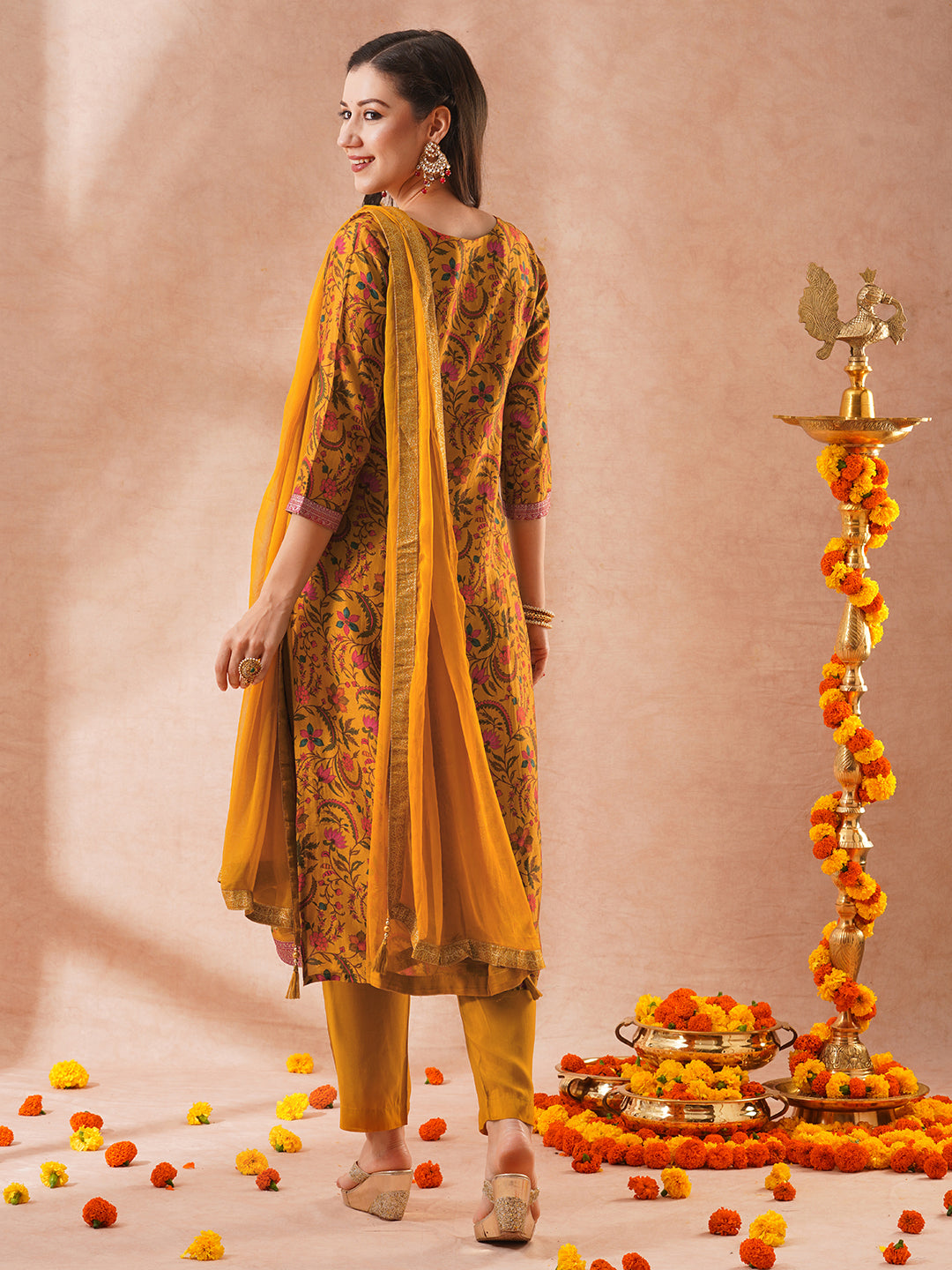 Ethnic Printed & Hand Embroidered Straight Fit Kurta with Pant & Dupatta - Mustard