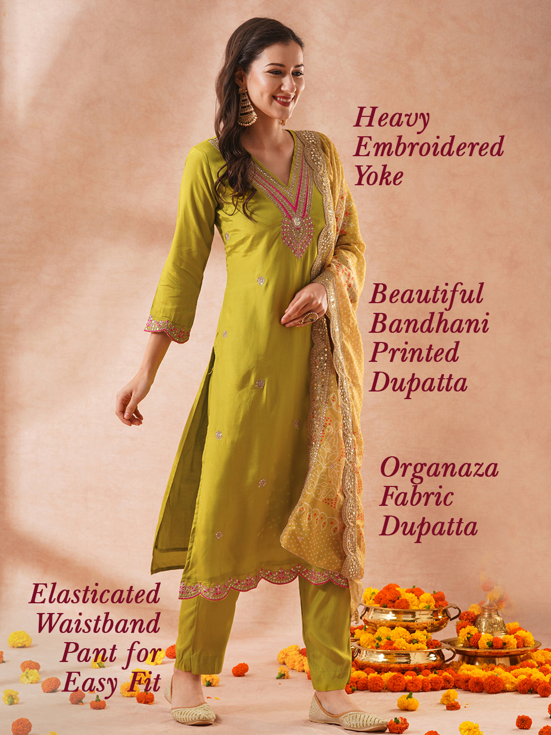 Solid Ethnic Sequin & Resham Embroidered Straight Fit Kurta with Pant and Bandhani Dupatta - Lime Green