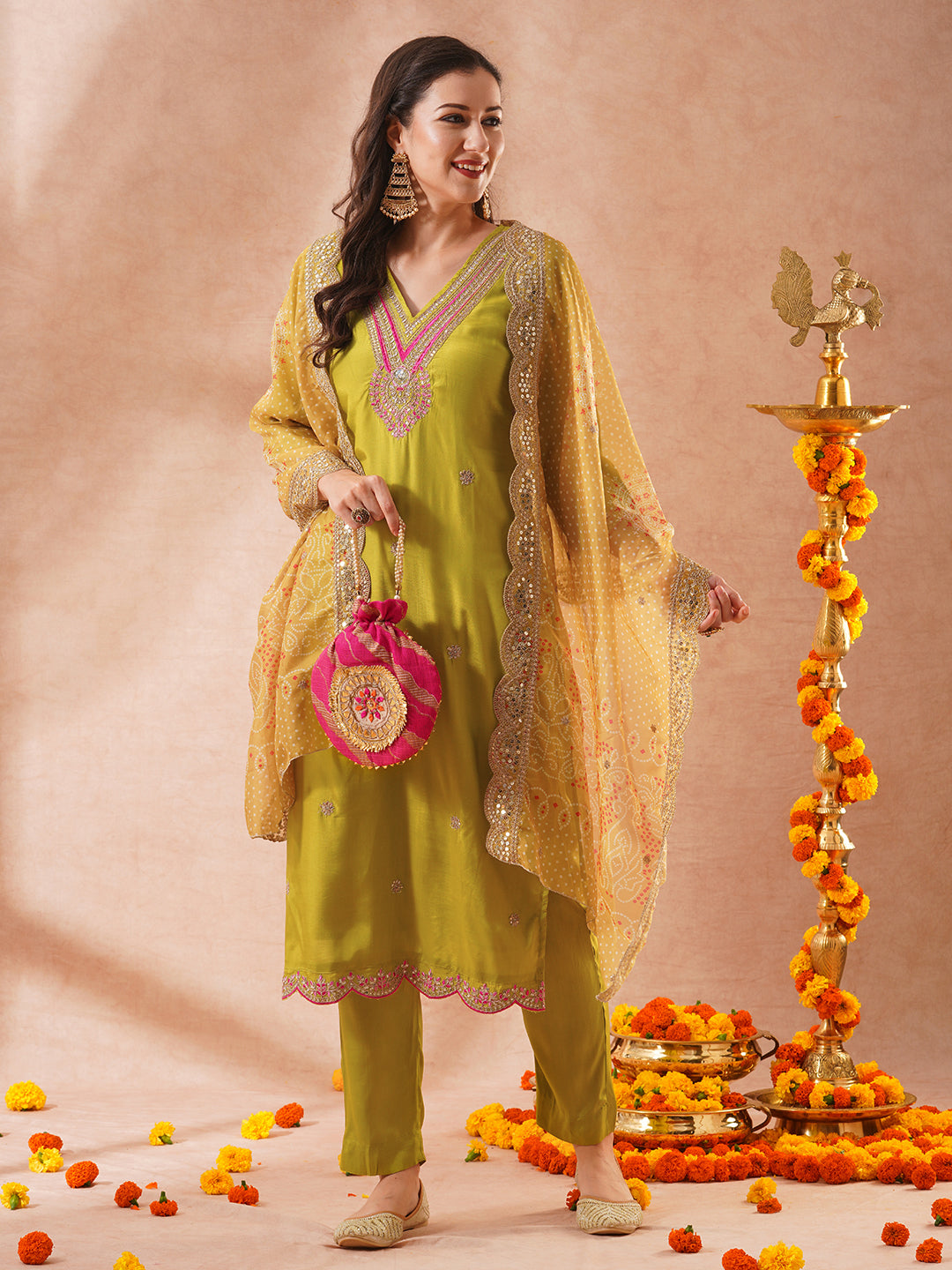 Solid Ethnic Sequin & Resham Embroidered Straight Fit Kurta with Pant and Bandhani Dupatta - Lime Green