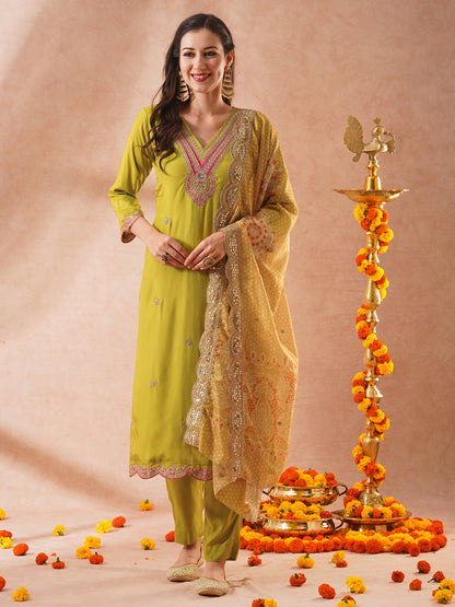 Solid Ethnic Sequin & Resham Embroidered Straight Fit Kurta with Pant and Bandhani Dupatta - Lime Green