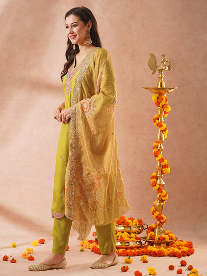 Solid Ethnic Sequin & Resham Embroidered Straight Fit Kurta with Pant and Bandhani Dupatta - Lime Green