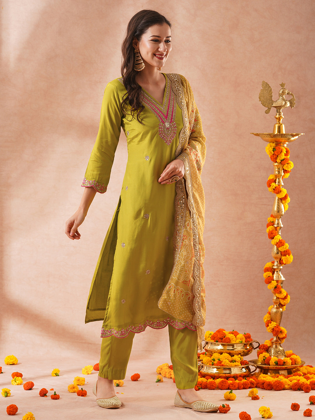 Solid Ethnic Sequin & Resham Embroidered Straight Fit Kurta with Pant and Bandhani Dupatta - Lime Green