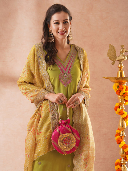 Solid Ethnic Sequin & Resham Embroidered Straight Fit Kurta with Pant and Bandhani Dupatta - Lime Green