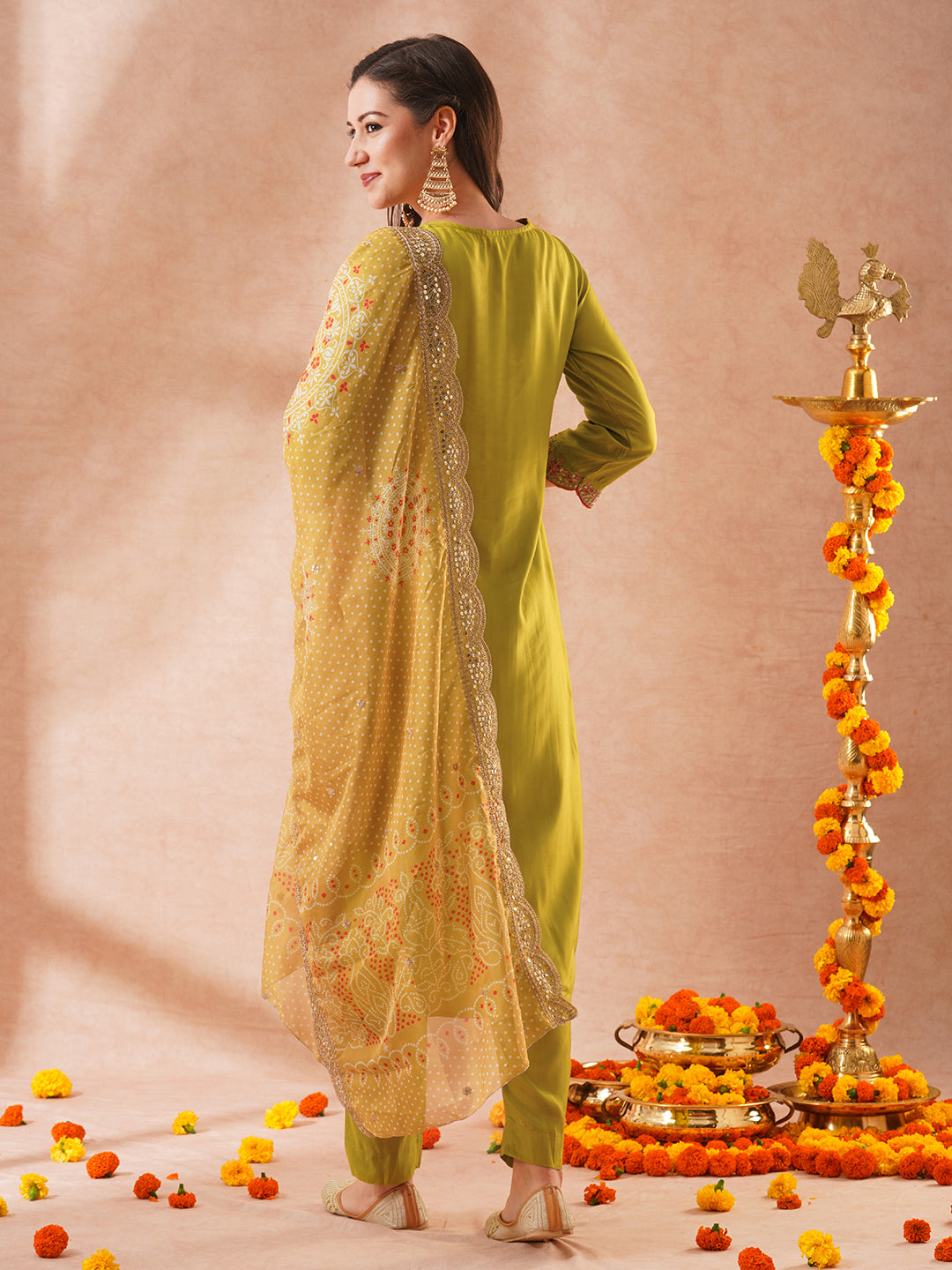 Solid Ethnic Sequin & Resham Embroidered Straight Fit Kurta with Pant and Bandhani Dupatta - Lime Green