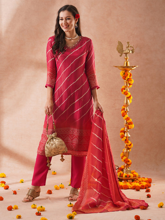 Leheriya & Bandhani Printed & Hand Embroidered Tissue Straight Kurta with Pant and Dupatta - Pink