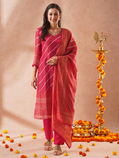 Leheriya & Bandhani Printed & Hand Embroidered Tissue Straight Kurta with Pant and Dupatta - Pink