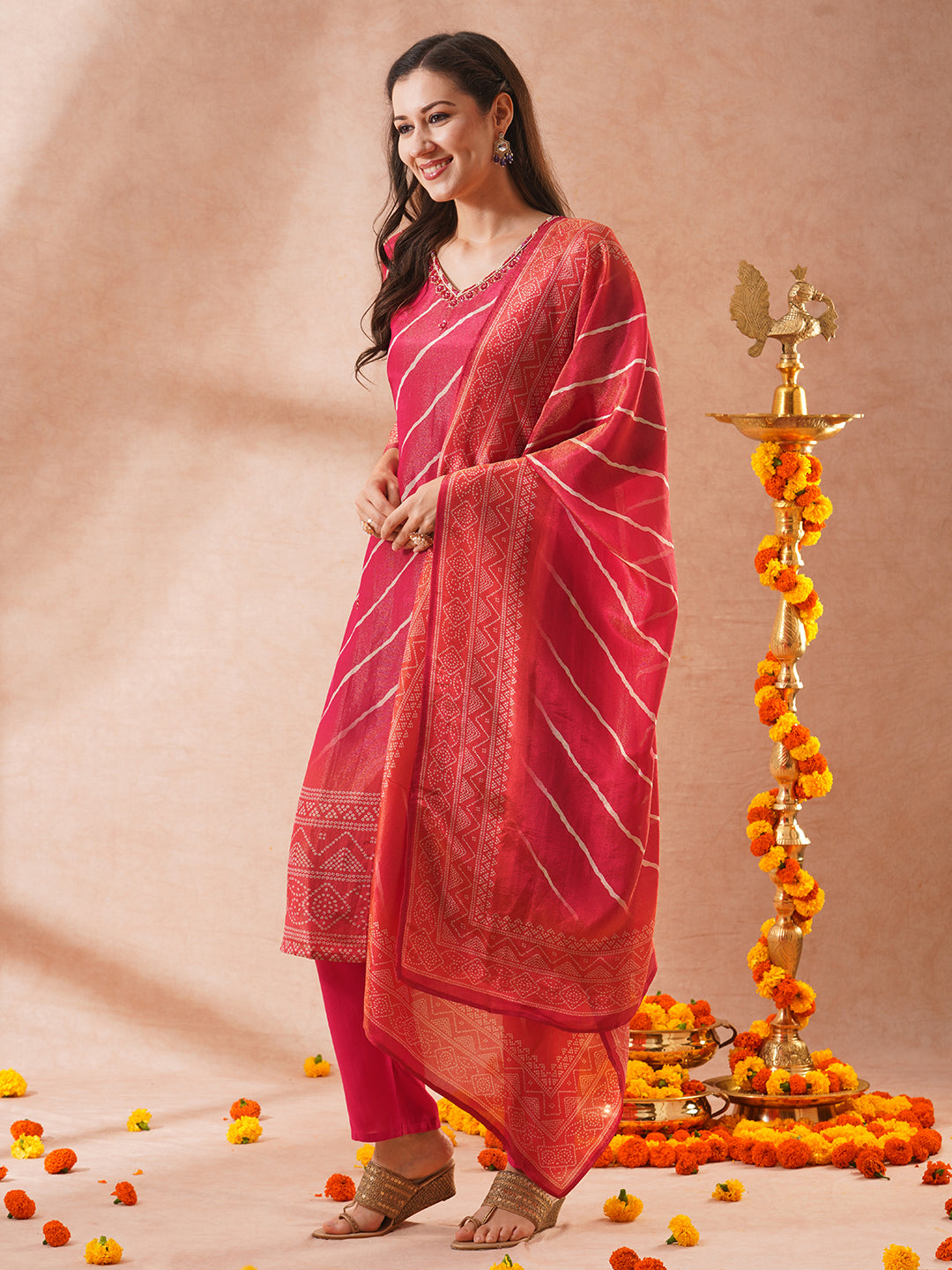 Leheriya & Bandhani Printed & Hand Embroidered Tissue Straight Kurta with Pant and Dupatta - Pink