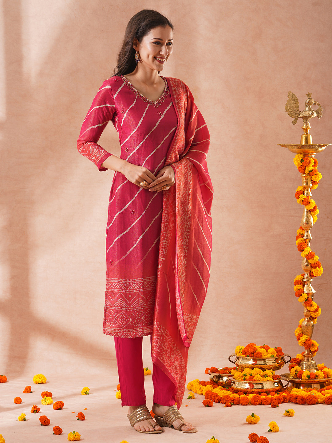 Leheriya & Bandhani Printed & Hand Embroidered Tissue Straight Kurta with Pant and Dupatta - Pink