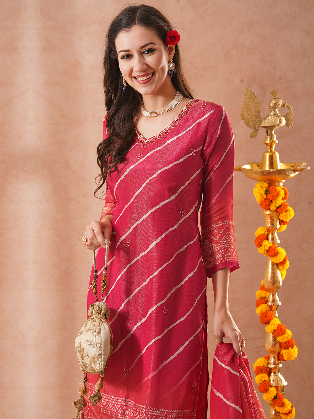 Leheriya & Bandhani Printed & Hand Embroidered Tissue Straight Kurta with Pant and Dupatta - Pink