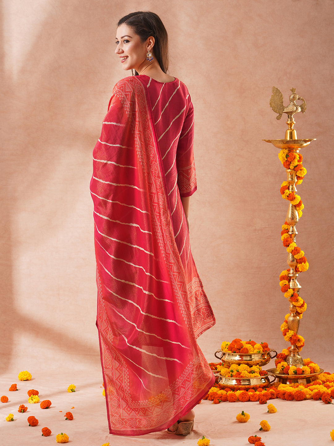 Leheriya & Bandhani Printed & Hand Embroidered Tissue Straight Kurta with Pant and Dupatta - Pink