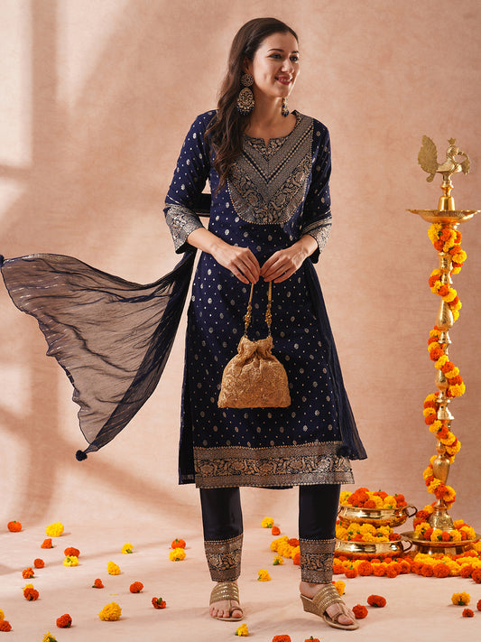 Ethnic Zari Woven Jacquard Straight Kurta with Pant & Foil Printed Dupatta - Navy Blue