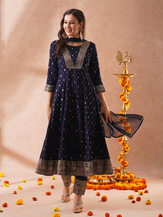 Ethnic Zari Woven & Embroidered Anarkali Flared Kurta with Pant & Solid Dupatta - Navy Blue