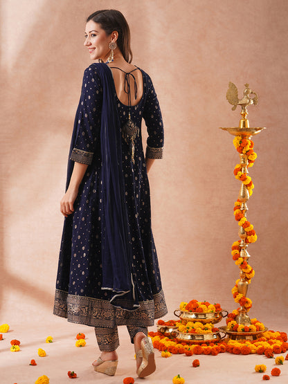 Ethnic Zari Woven & Embroidered Anarkali Flared Kurta with Pant & Solid Dupatta - Navy Blue