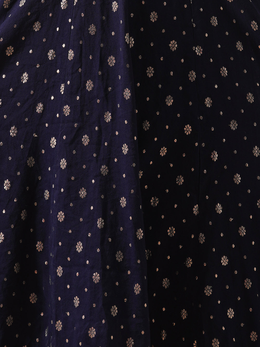 Ethnic Zari Woven & Embroidered Anarkali Flared Kurta with Pant & Solid Dupatta - Navy Blue