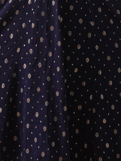 Ethnic Zari Woven & Embroidered Anarkali Flared Kurta with Pant & Solid Dupatta - Navy Blue