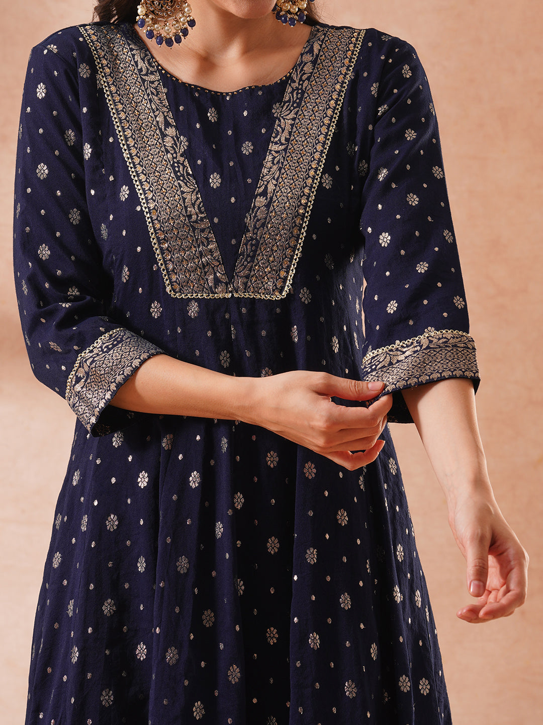 Ethnic Zari Woven & Embroidered Anarkali Flared Kurta with Pant & Solid Dupatta - Navy Blue