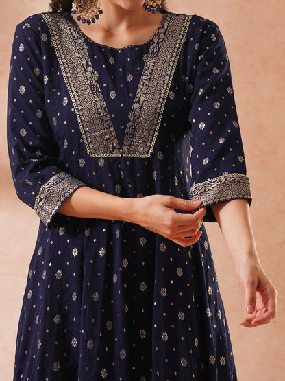 Ethnic Zari Woven & Embroidered Anarkali Flared Kurta with Pant & Solid Dupatta - Navy Blue