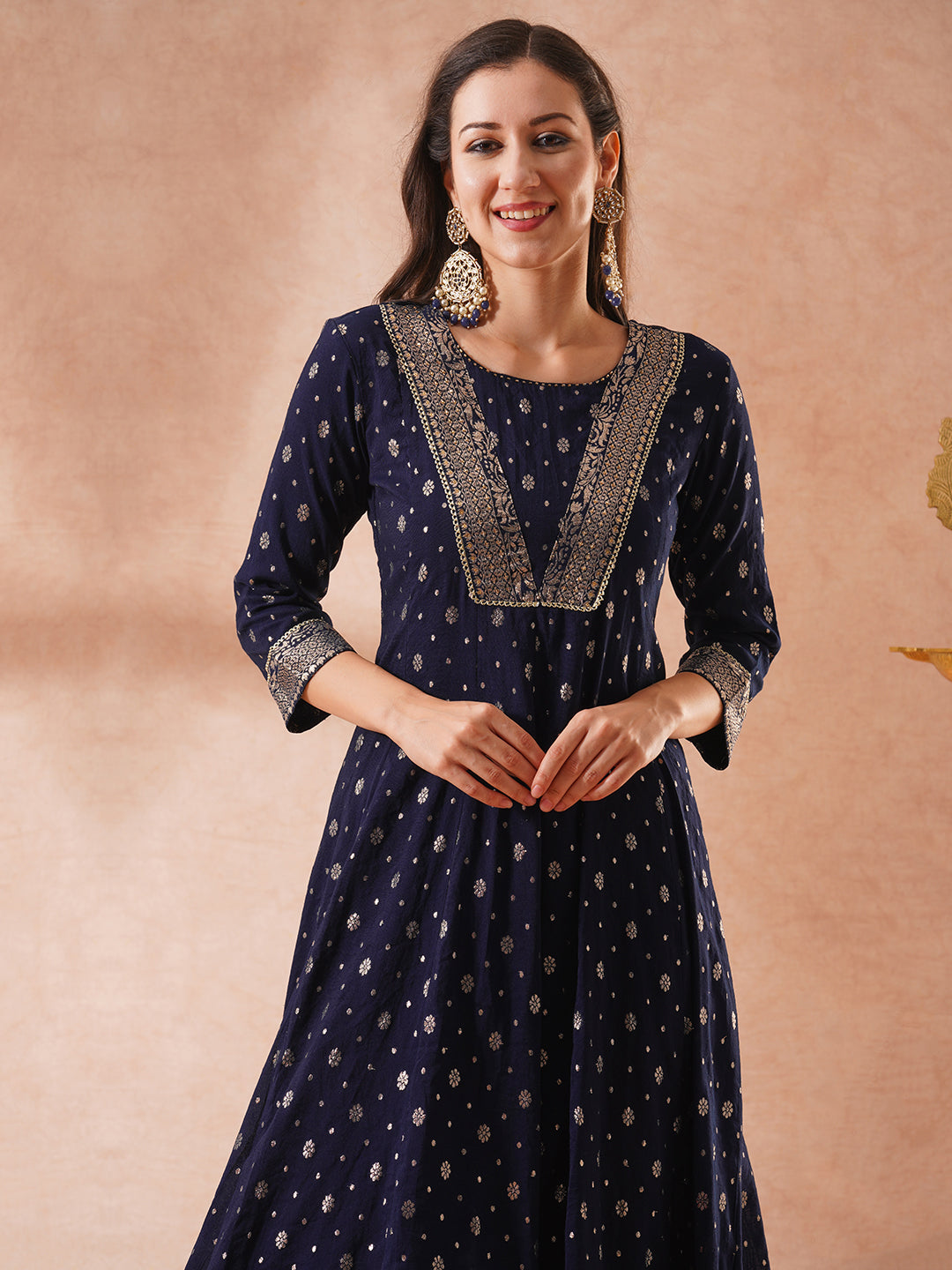 Ethnic Zari Woven & Embroidered Anarkali Flared Kurta with Pant & Solid Dupatta - Navy Blue