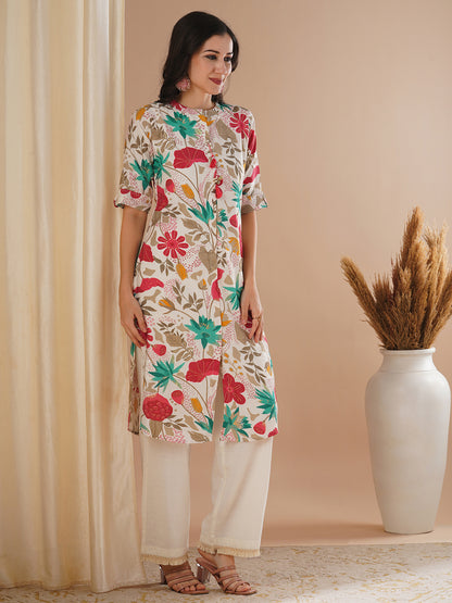 Abstract Floral Foil Printed Straight Fit Kurta - Off White