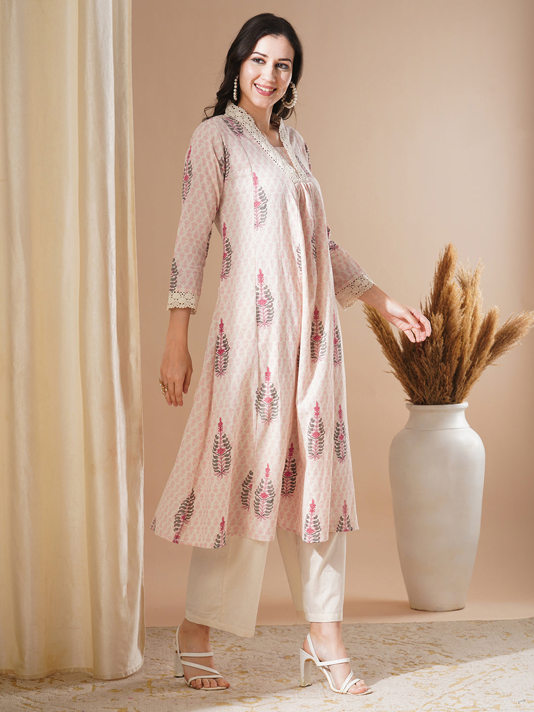 Ethnic Floral Printed A-Line Paneled Kurta with Palazzo - Off White