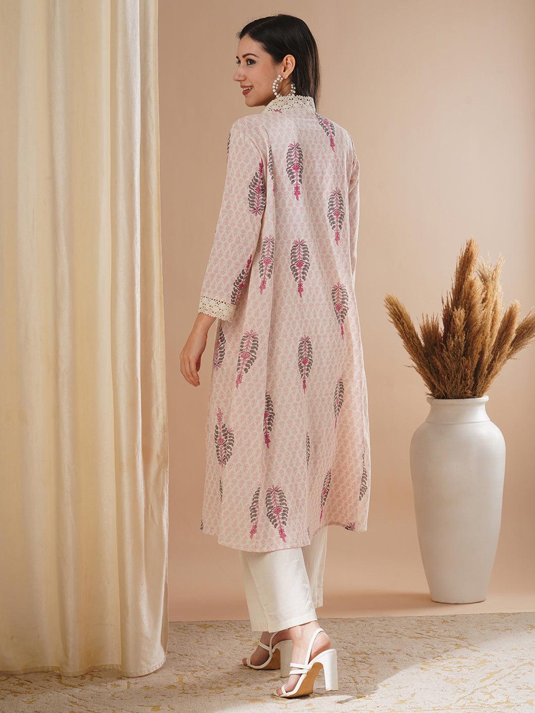 Ethnic Floral Printed A-Line Paneled Kurta with Palazzo - Off White