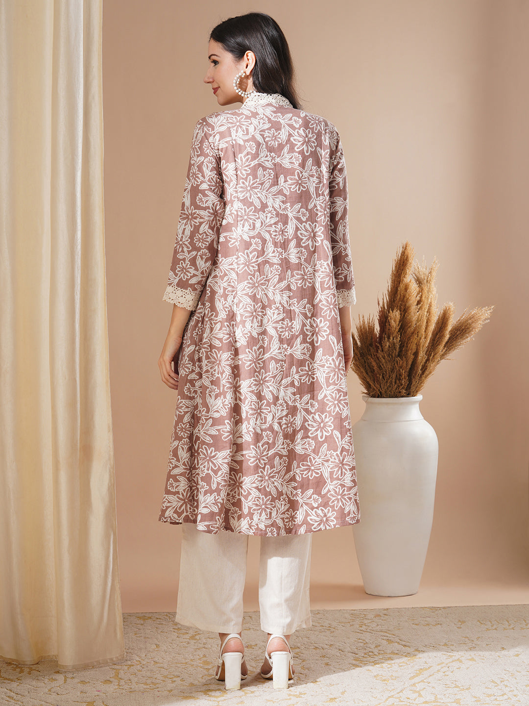 Abstract Floral Printed A-Line Paneled Cotton Flax & Kurta with Palazzo - Brown