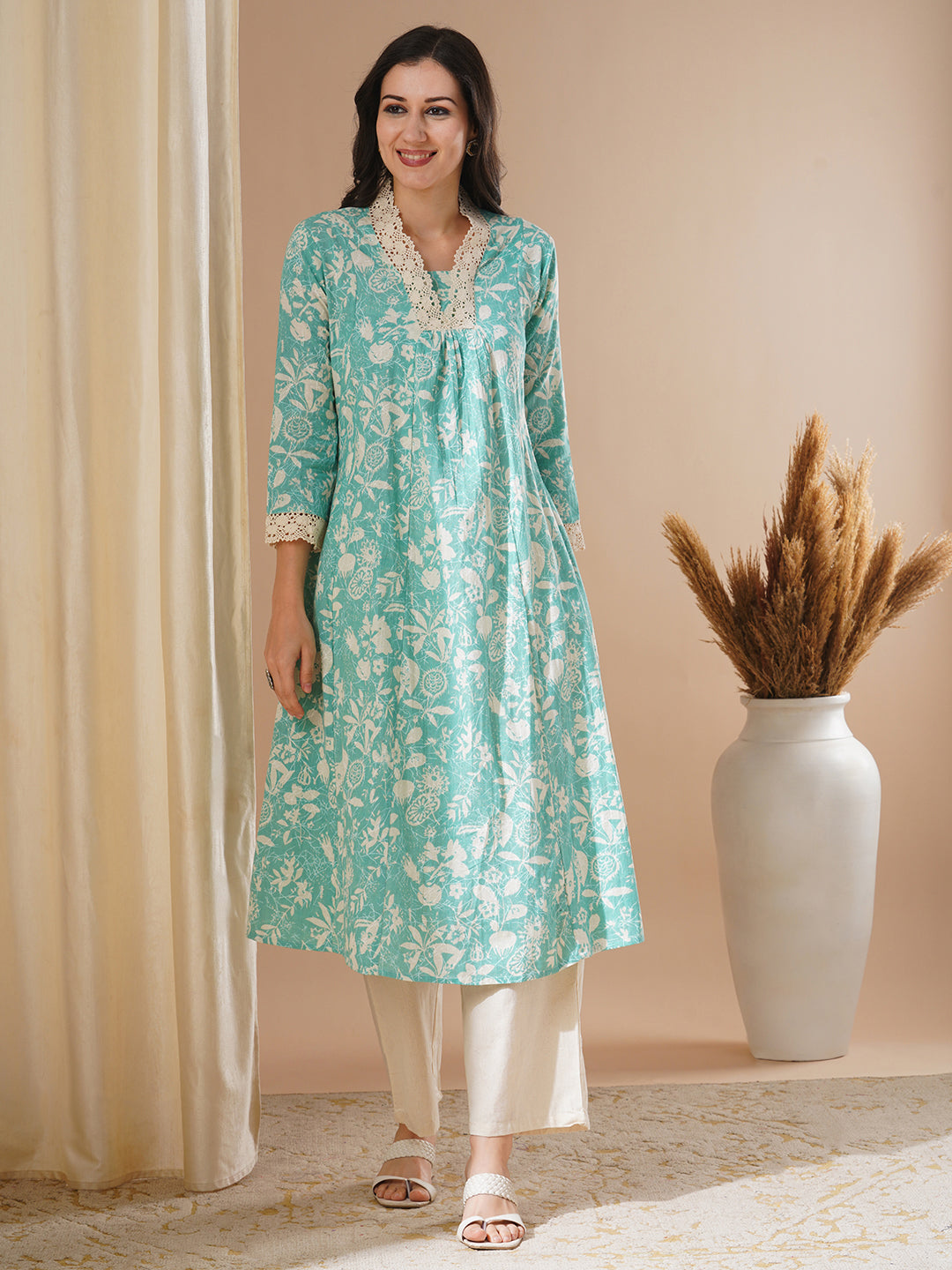 Abstract Printed A-Line Paneled Kurta with Palazzo - Green