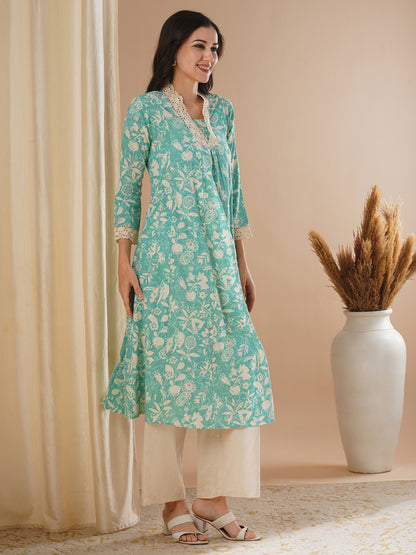 Abstract Printed A-Line Paneled Kurta with Palazzo - Green