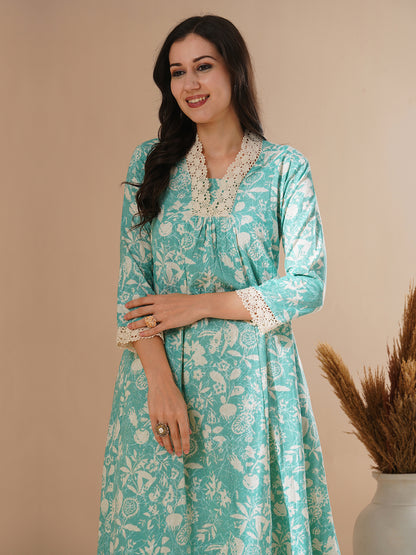 Abstract Printed A-Line Paneled Kurta with Palazzo - Green