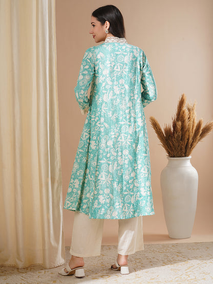 Abstract Printed A-Line Paneled Kurta with Palazzo - Green