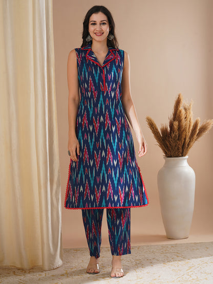 Ethnic Ikat Printed Straight Fit Co-ord Set - Blue