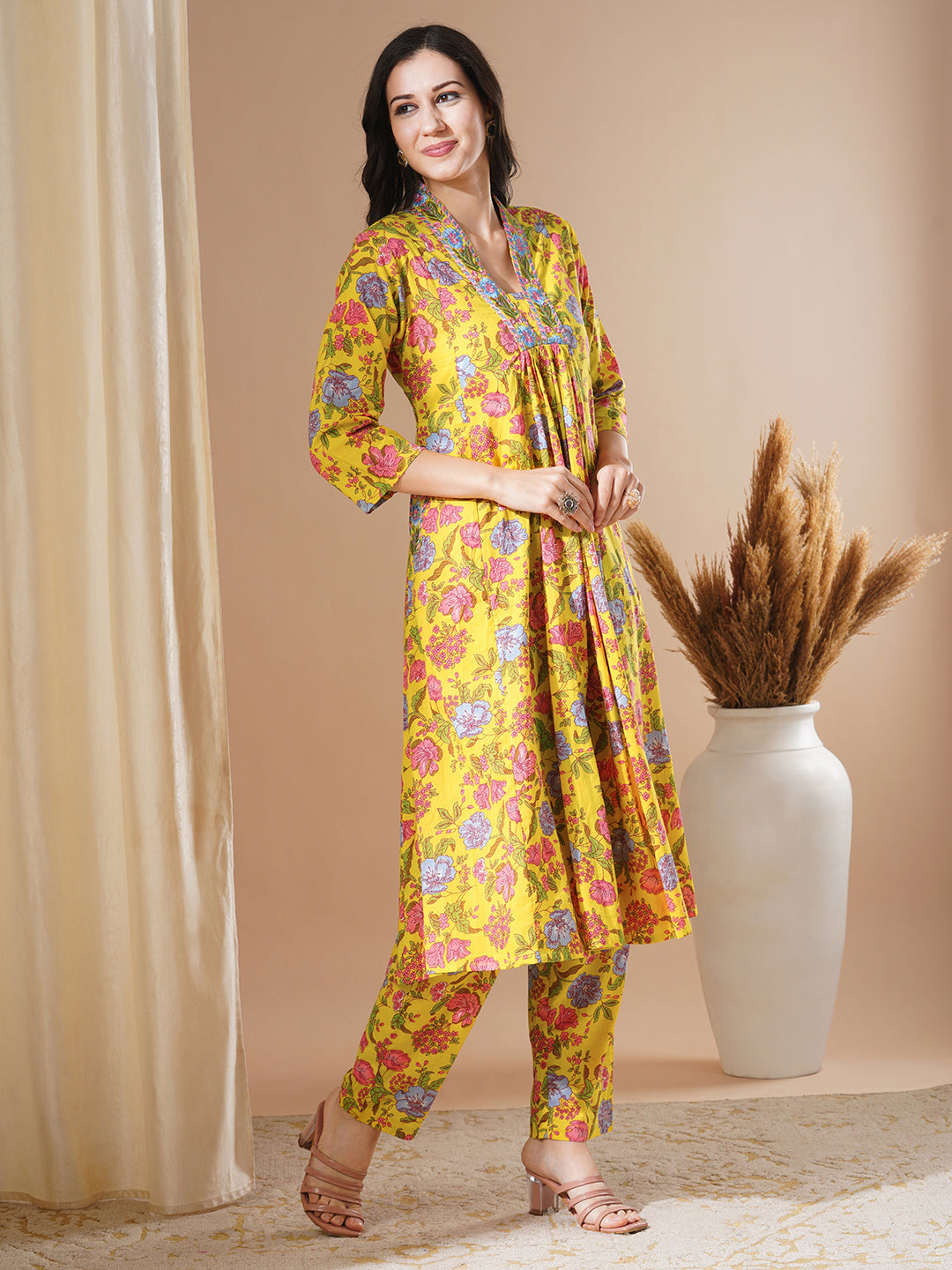 Ethnic Floral Printed & Embroidered A-Line Paneled Kurta with Pant - Yellow