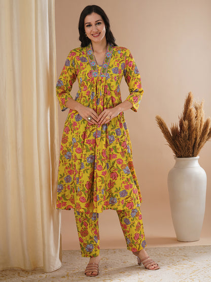 Ethnic Floral Printed & Embroidered A-Line Paneled Kurta with Pant - Yellow