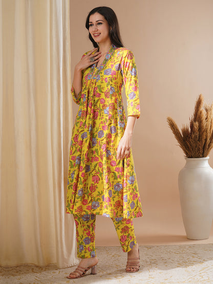 Ethnic Floral Printed & Embroidered A-Line Paneled Kurta with Pant - Yellow