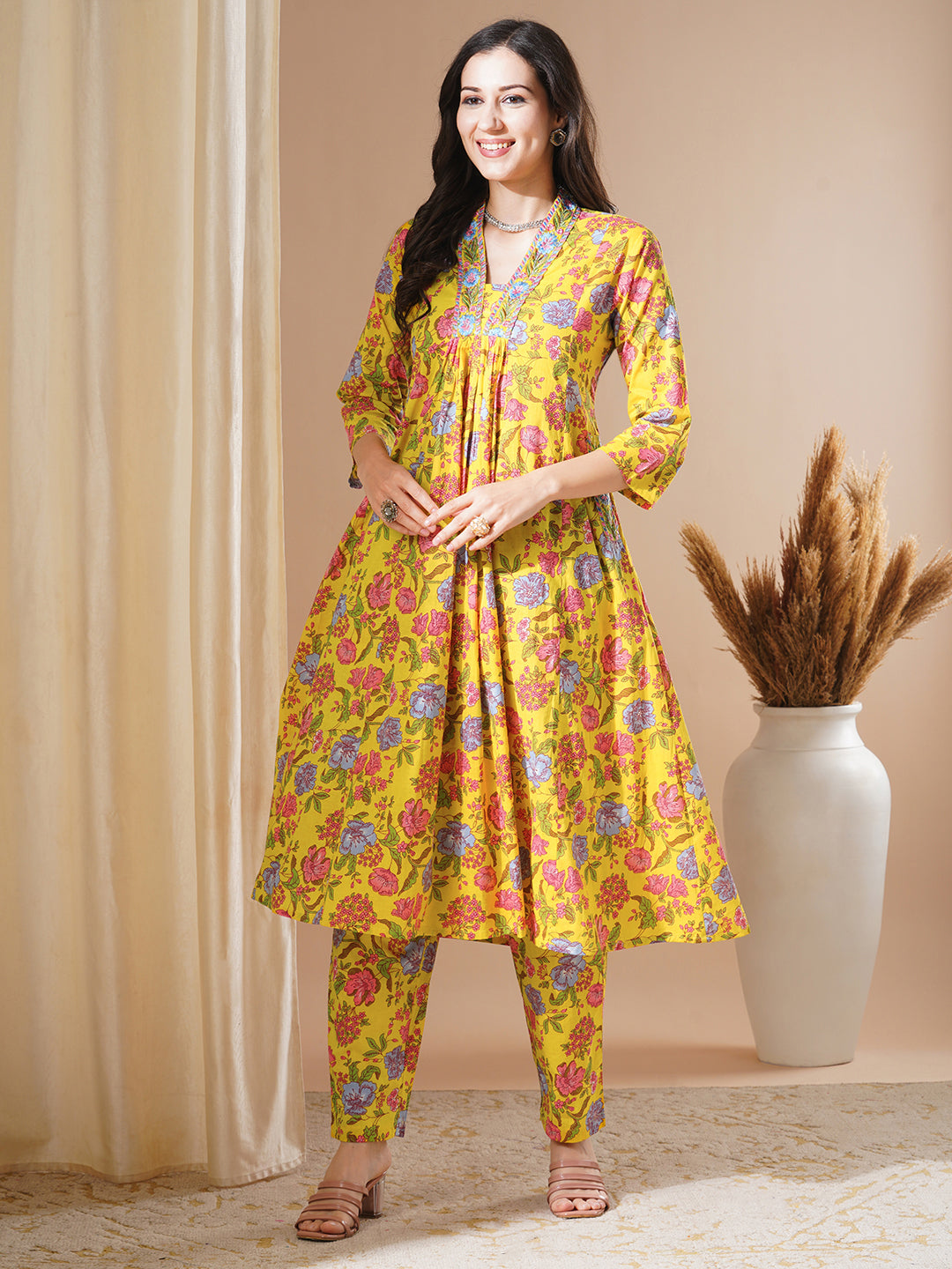 Ethnic Floral Printed & Embroidered A-Line Paneled Kurta with Pant - Yellow