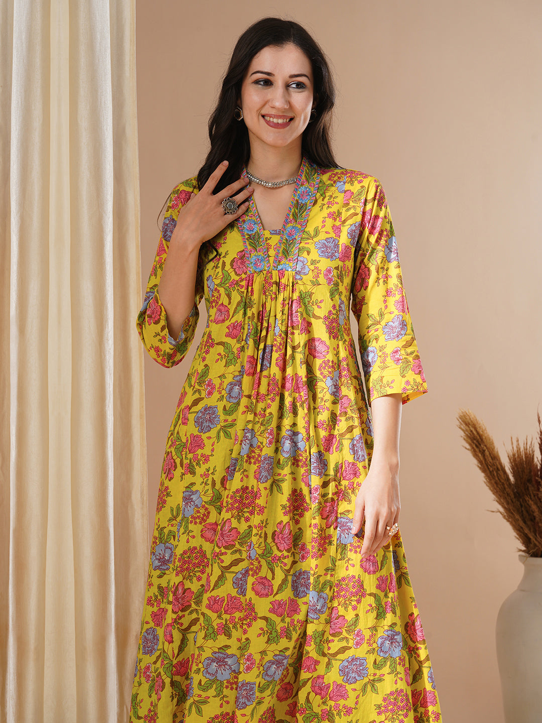 Ethnic Floral Printed & Embroidered A-Line Paneled Kurta with Pant - Yellow