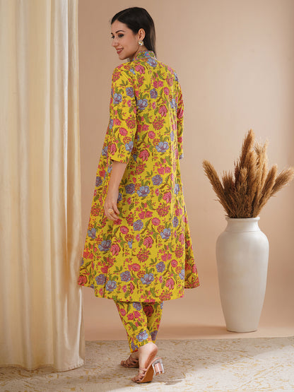 Ethnic Floral Printed & Embroidered A-Line Paneled Kurta with Pant - Yellow