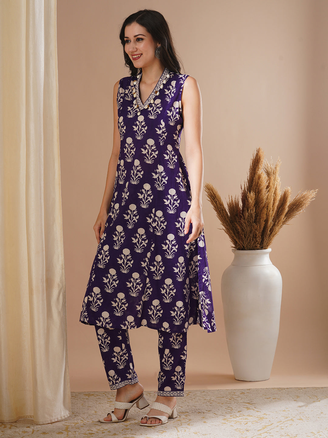 Ethnic Floral Block Printed Straight Fit Co-ord Set - Purple