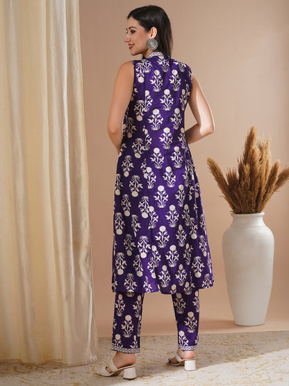 Ethnic Floral Block Printed Straight Fit Co-ord Set - Purple