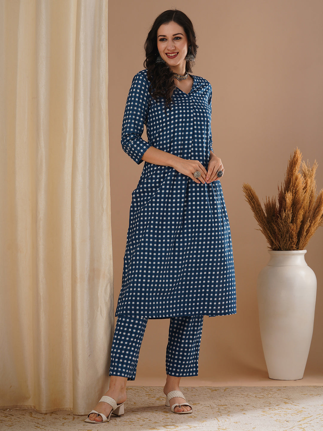 Checks Printed A-Line Co-ord Set - Blue