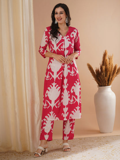 Ethnic Ikat Printed A-Line Co-ord Set - Red