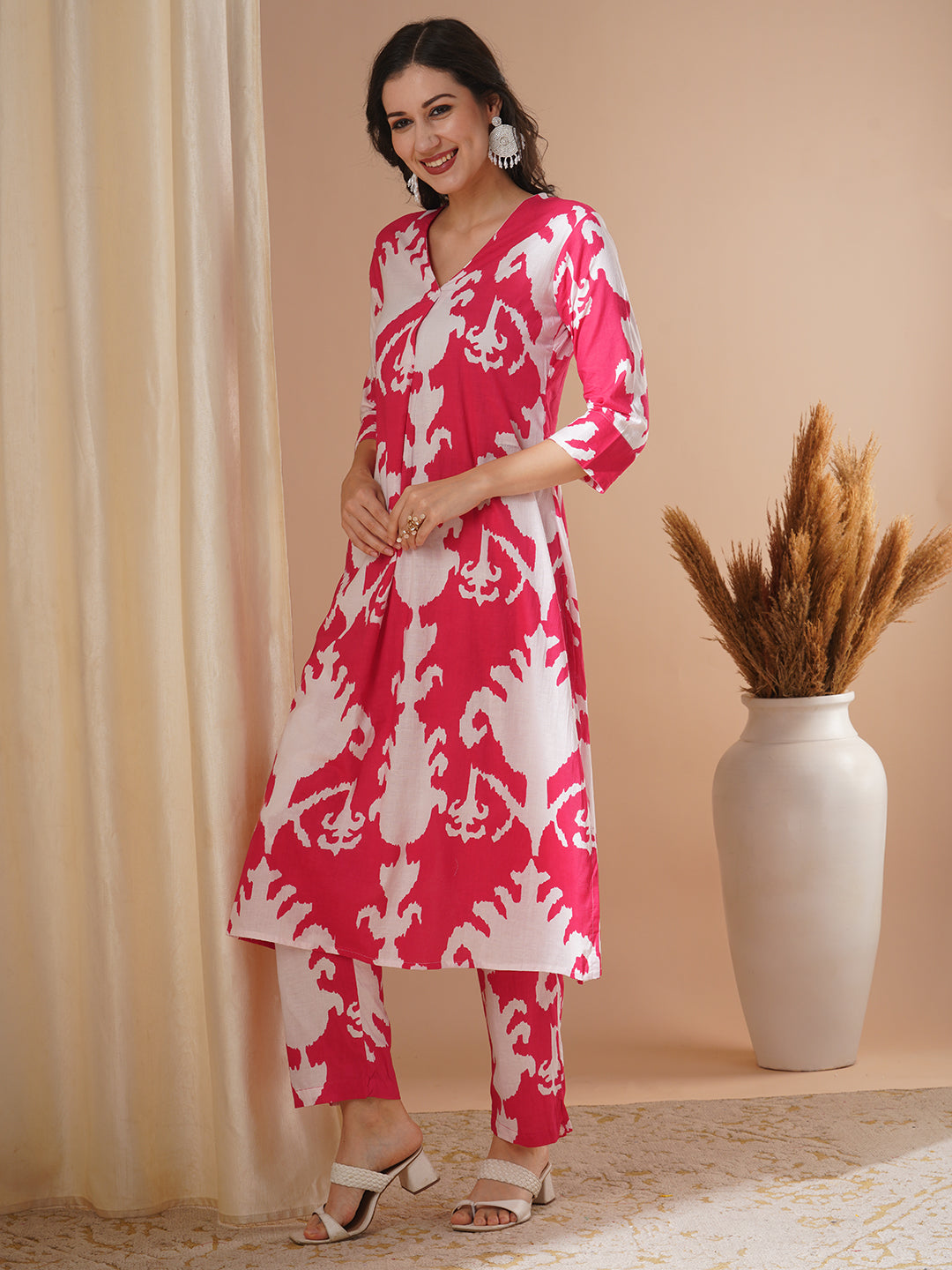 Ethnic Ikat Printed A-Line Co-ord Set - Red