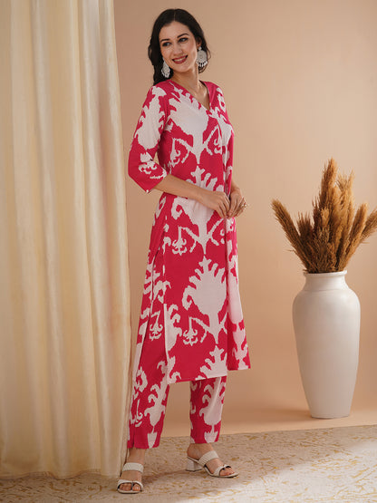 Ethnic Ikat Printed A-Line Co-ord Set - Red